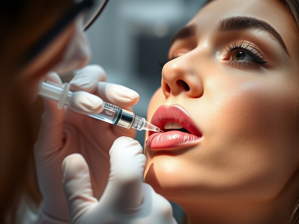 Frau erhält eine Hyaluron-Lippenbehandlung in einer modernen Schönheitspraxis